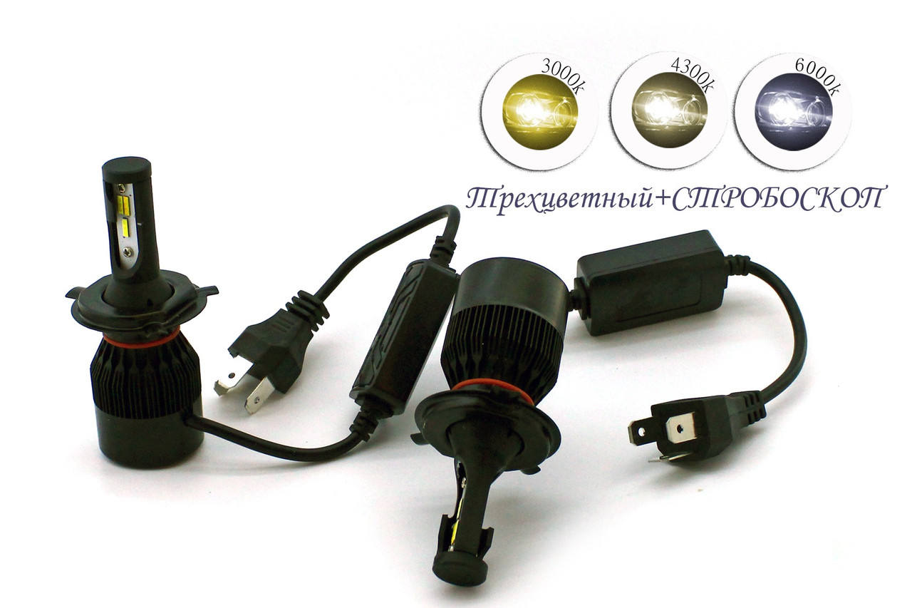Комплект LED ламп FL04 H4 3000K, 4500K, 6000 K 12-24 V 21 W радіатор з вентилятором (діод Taiwan 1860) + стробоскоп