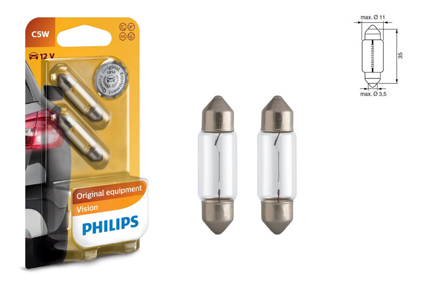 Комплект вказівних ламп розжарювання PHILIPS 12844B2 C5WX35mm 12 V 5 W SV8,5, блістер