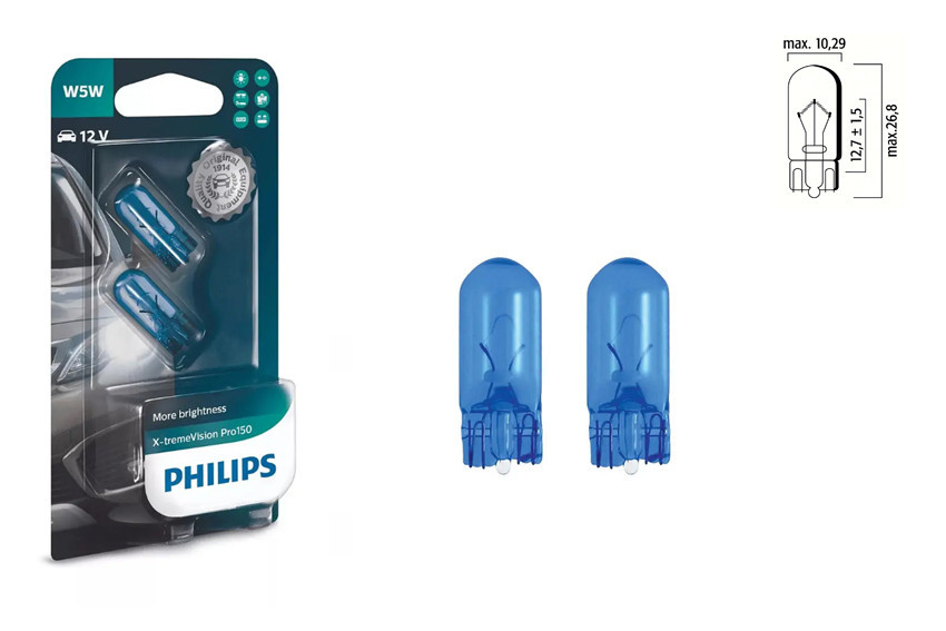 Комплект вказівних ламп розжарювання Philips 12961XVPB2 W5W 12V W2.1X9.5d X-tremeVision Pro150 +150%, блістер